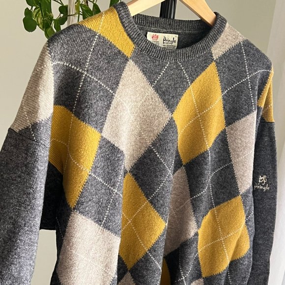Pringle of Scotland Vintage Men's100% Lamb’s Wool Gray Argyle Sweater Large - Picture 9 of 12